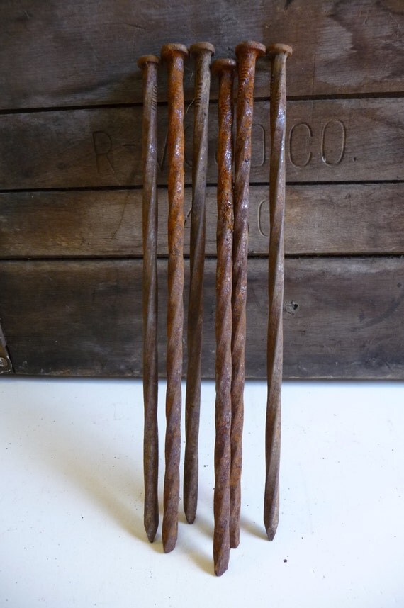6 old Barn Nails Rusty Spiral Twisted spikes by SalvageRelics