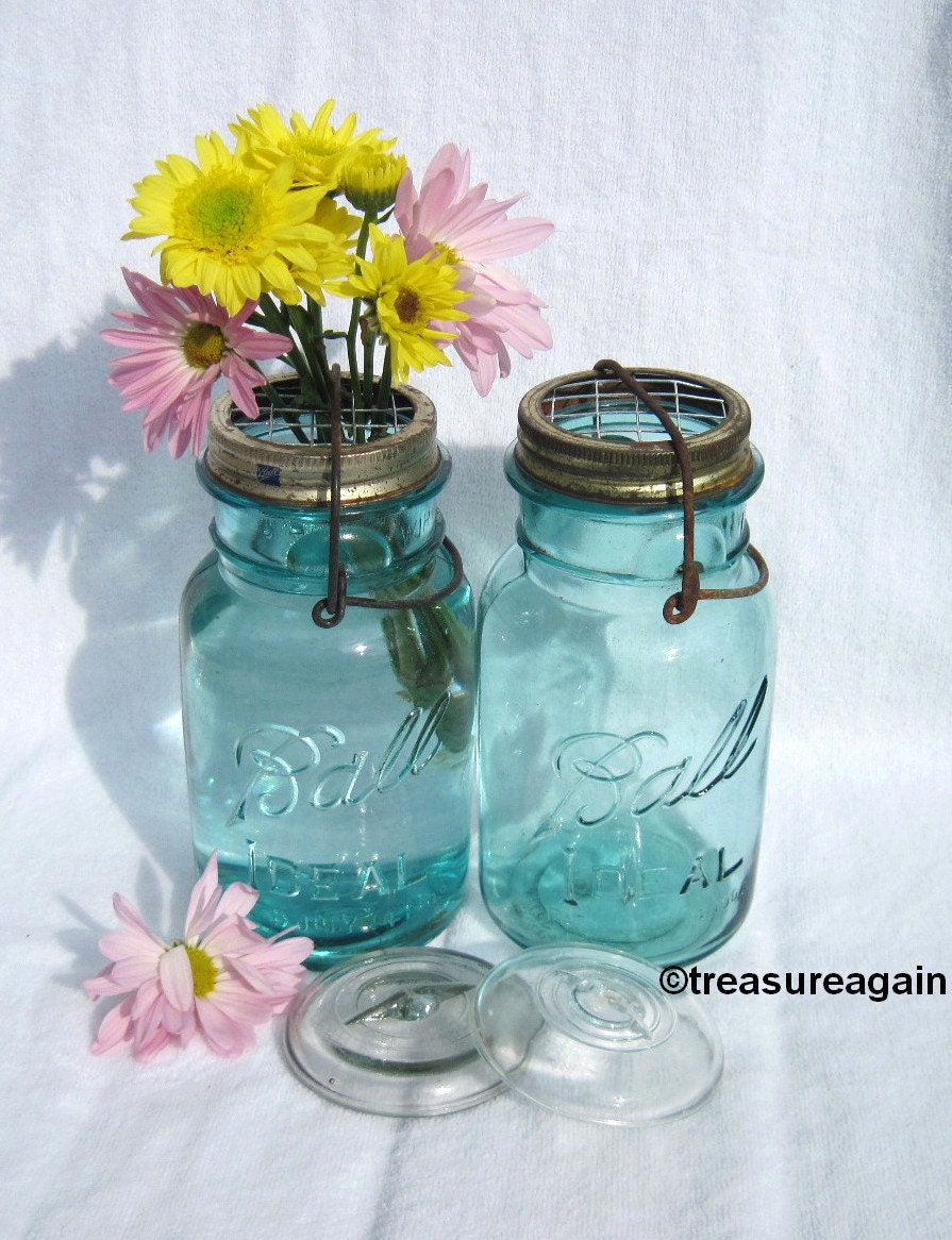 Mason Jar Flower Vases 2 Antique Blue Ball Quart by treasureagain