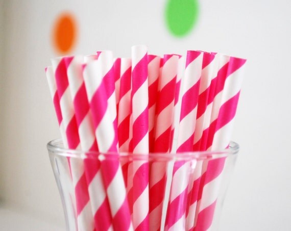 25 Paper Straws, Stripped Hot Pink or Select color Paper Straws MariaPalito A754 Il_570xn