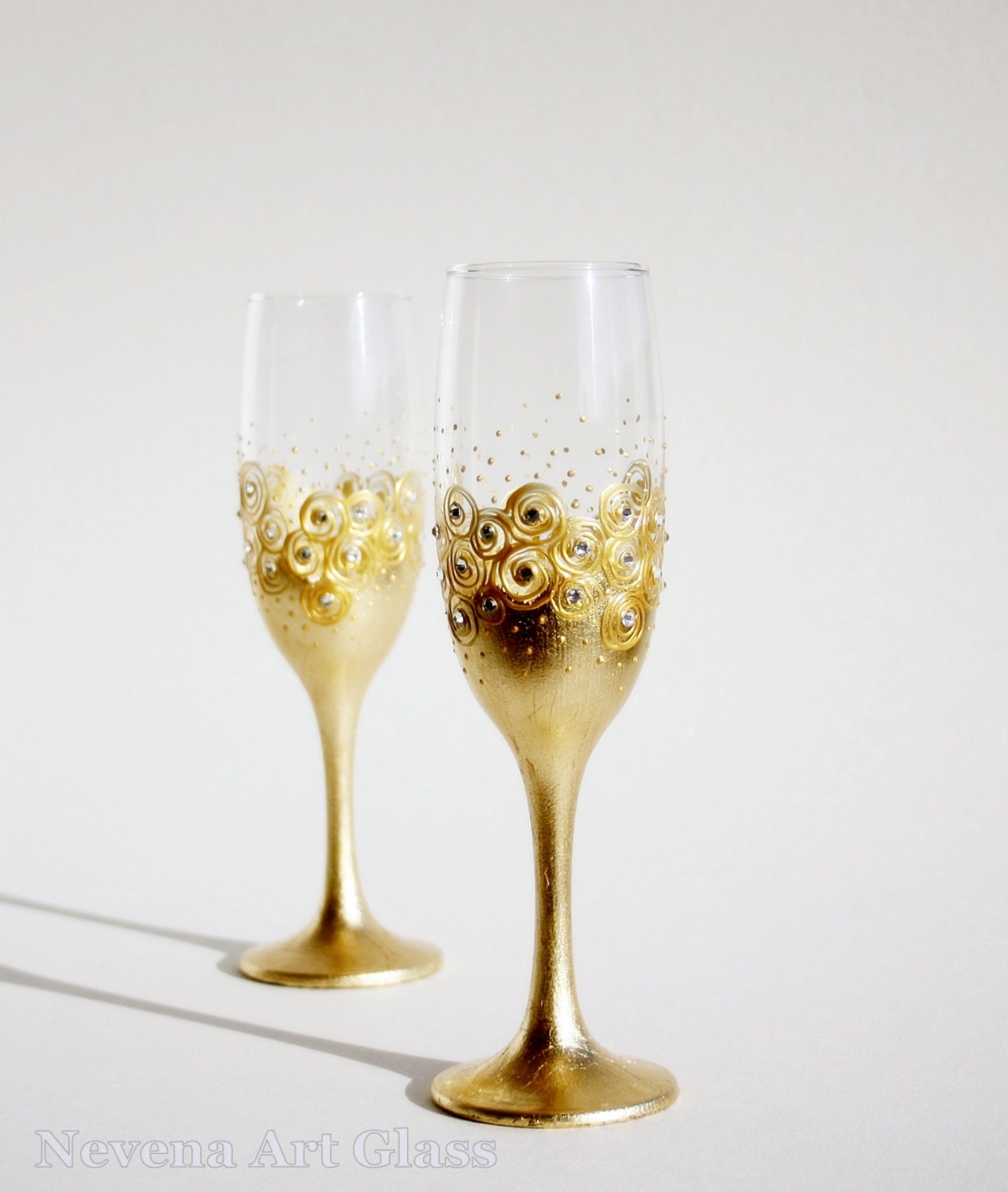 Wedding Glasses, Gold Champagne Glasses, Wine Glasses, Toasting Glasses, HAND PAINTED Set of 2