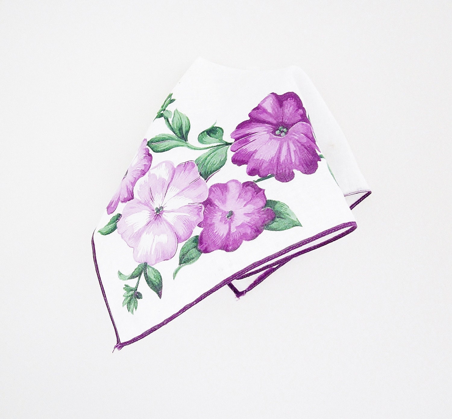 Purple Petunias Handkerchief Hankie Hanky Vintage Shabby Chic Cottage Garden Flowers Feminine Romantic Bridal Wedding - jarmfarm