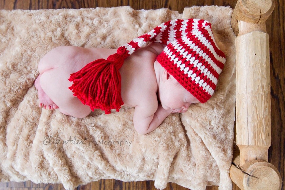 Christmas Photo Prop Hat, Elf Stocking Crochet Red and White Striped with Tassel, Newborn Size (Item 764) - ThatsTheCutestThing