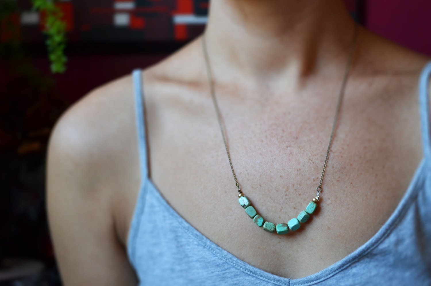 Turquoise Strand Necklace, Rectangle Stone Necklace, Earthy Turquoise Stone Necklace, Multiple Stone Necklace, Canadian Shop - LOVEnLAVISH