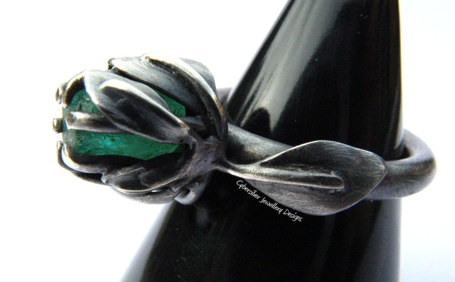 Raw, rough, uncut, natural Emerald and Silver 'Fairytale' Leaf Solitaire Engagement Handfasting Ring Size UK I, US 4 1/2 - CybersilverJewellery