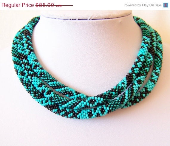 CIJ SALE Long Beaded Crochet Rope Necklace - Beadwork - Elegant - Geometric  - Patchwork - Multi Color - Black - Turquoise - Teal - Emerald - lutita