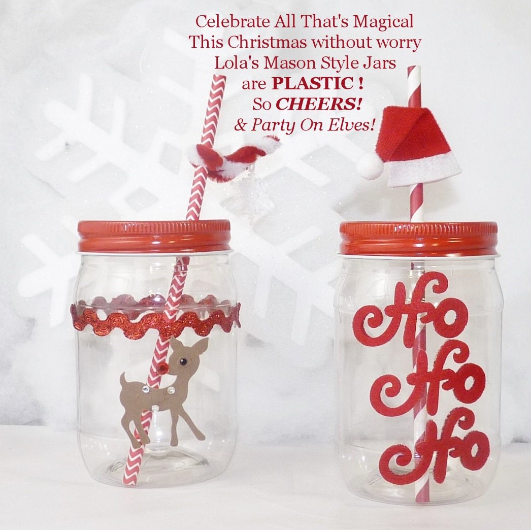Plastic Mason Style Jars Serve in SANTA Style Rudolph Fancy Drink and Favor jars, Here We GO Retro Il_570xn