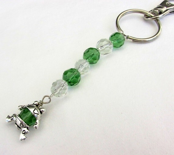 Frog Beaded Keychain Green Crystal Beaded Key by EarthlieTreasures