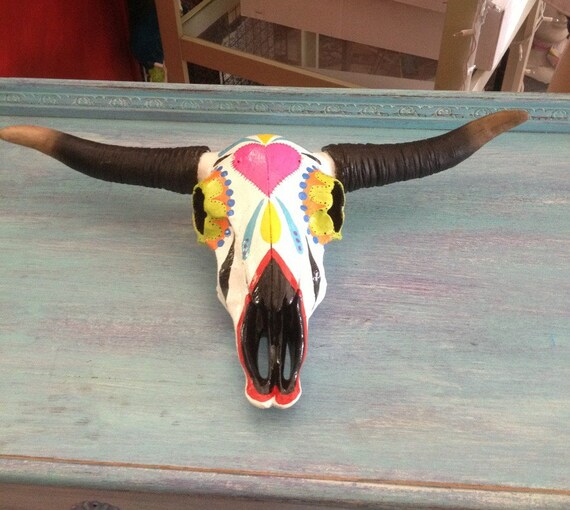 Sugar Skull Hand Painted Decorative Cow Skull by GaudyGlamBoutique