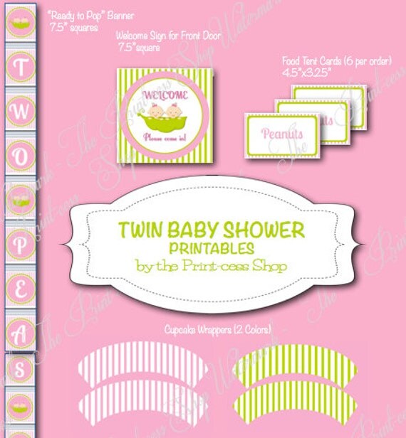Twin Baby Shower Printable Decorations - Two Peas in a Pod - Two Little Peanuts - Two Little Pumpkins - Personalized, Customized Party Pack Il_570xn