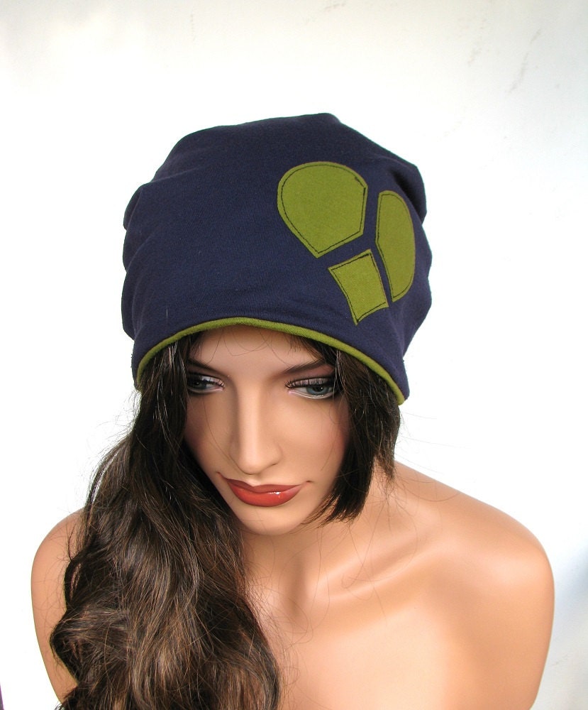 Slouchy Beanie Upcycled Clothing Heart Hat Blue Beanie Olive Green