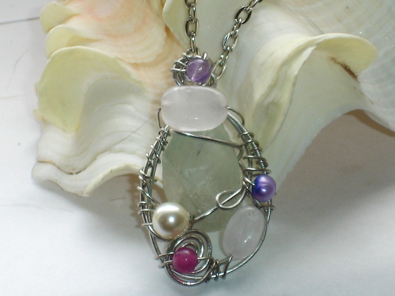 Circe's Elixir- whimsical wirewrapped Aquamarine, Amethyst, pearl, and quartz pendant on chain - TheFloatingGardens