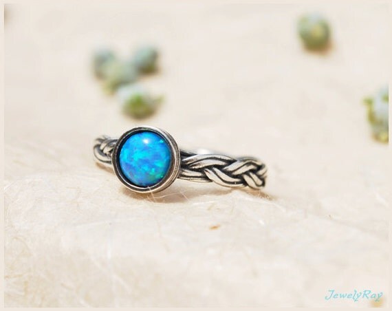 blue opal ring. gemstone ring. unique silver ring. silver braided ring
