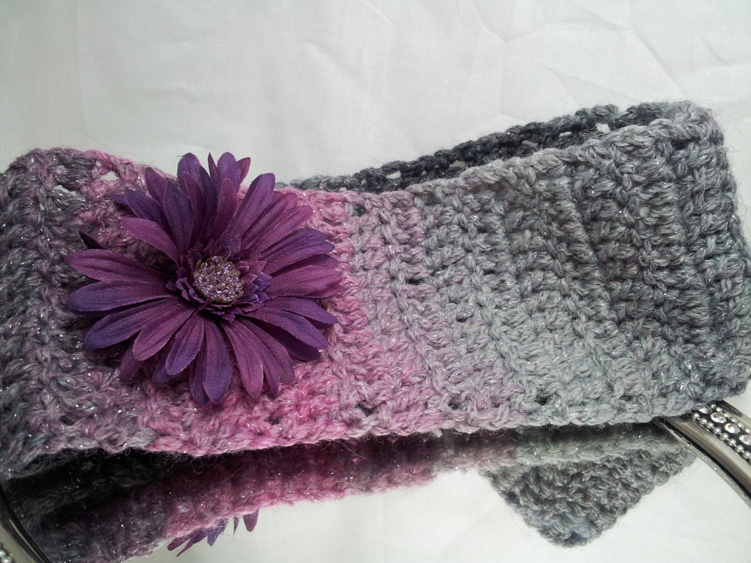 Flower headband style ear warmer, crocheted, women, teen girls, pink item - DreamCatcherDC