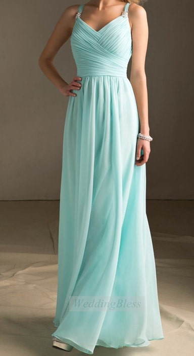 Tiffany Blue Bridesmaid Dress Long Dress with straps Chiffon A-line