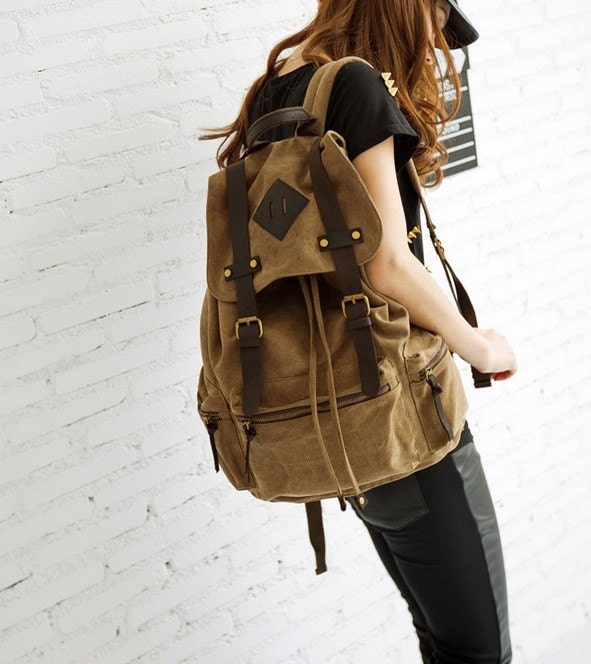 13" x 17" laptop bag/ Light-coffee Canvas-Leather Backpack/ Canvas backpack/Handmade bag/School bag