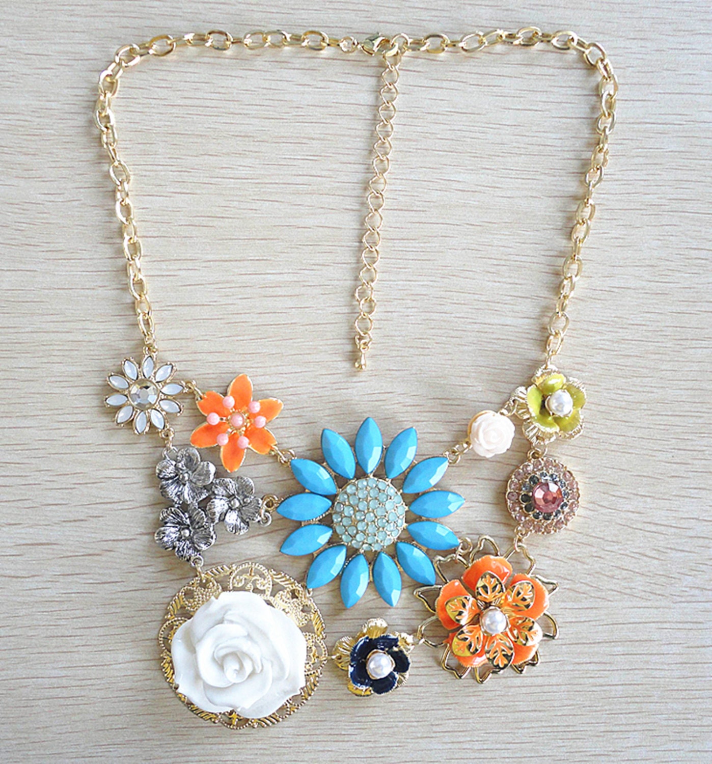 Items Similar To Flower Statement Necklace With Coral Enamel On Etsy