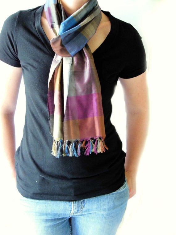 Hand Block Printed Plaid Silk Scarf by VedaMika on Etsy
