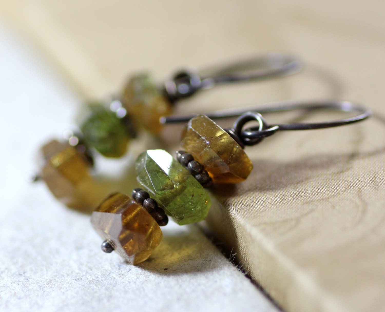 Green Tourmaline Earrings Triple Green Gemstone Earrings Faceted Nugget Rustic Jewelry