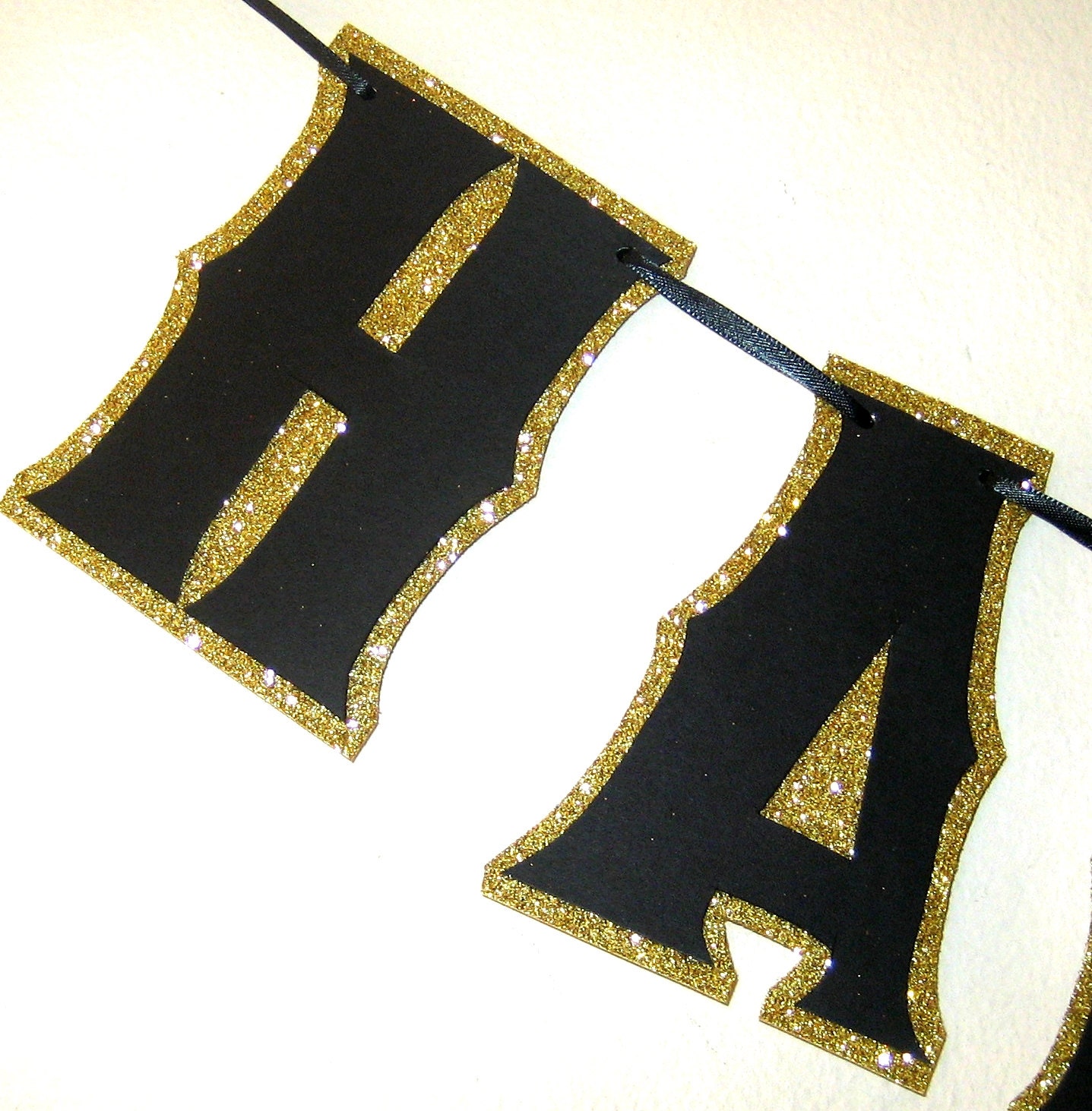 HAPPY BIRTHDAY Banner - Flat Black on a Gold Glitter Background Il_570xn