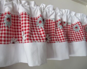 Red Check Daisy Valance, Mid Century Authentic Fabric, Vintage Cotton