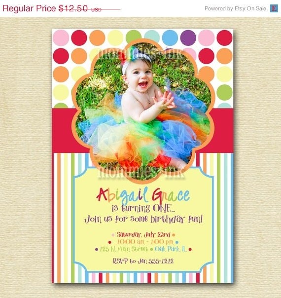 10% Off Holiday Sale Rainbow Dots and Stripes Photo Birthday Invite - PRINTABLE INVITATION DESIGN Il_570xn