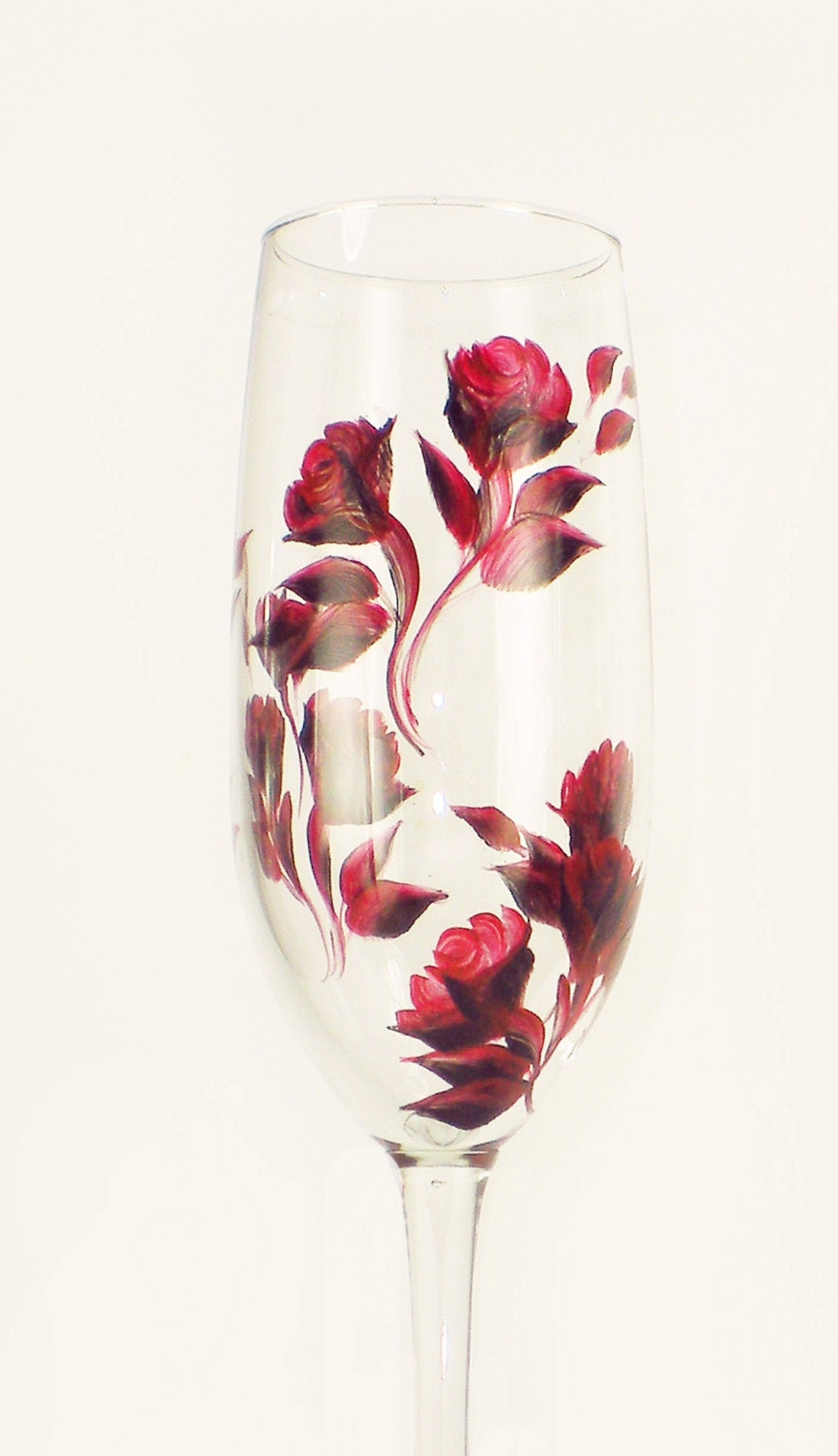 Hand-Painted Champagne Glasses - Ruby Red Roses, Set of 2 - Wine Lover Christmas Gift Champagne Flutes Winter Wedding Toasting Flutes - HandPaintedPetals