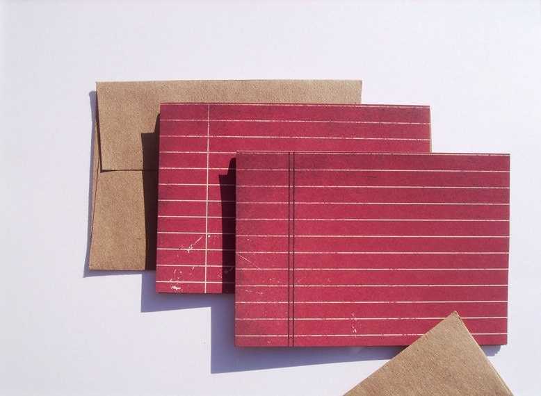Ruled Note Cards - Red Lined Card Set,  Distressed Thank You Notes, Kraft Paper Note Cards, School Paper Ruled Stationery, Kraft Red Cream - twin2kim