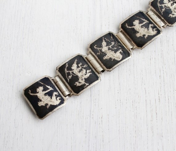 Vintage Sterling Silver Siam Panel Bracelet - Black Enamel Signed ...