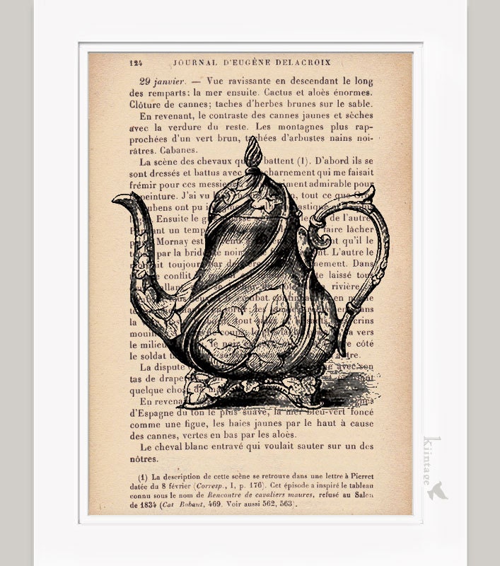 Vintage teapot vintage dictionary art print vintage book page print