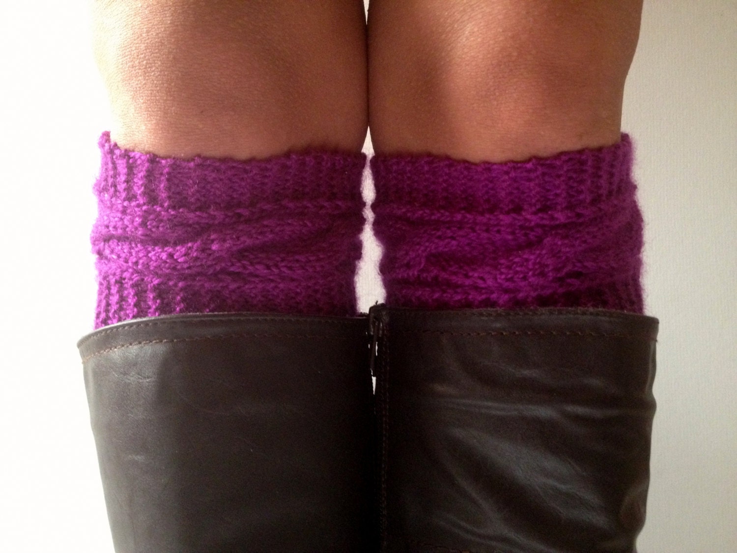 Purple Boot Liners Plum Boot Cuffs Handknit Cabled Boot Toppers - MadebyMegShop
