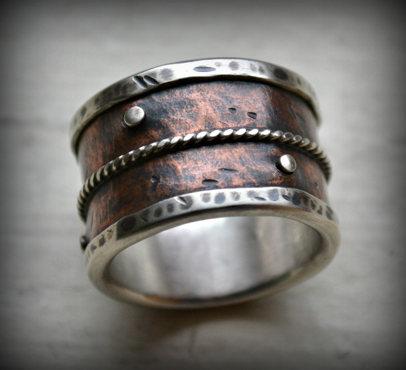 mens wide band wedding ring rustic fine silver by MaggiDesigns