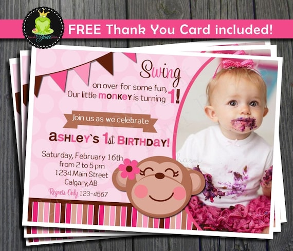 Girl Monkey Birthday Invitation - Includes FREE Thank You Card Il_570xn