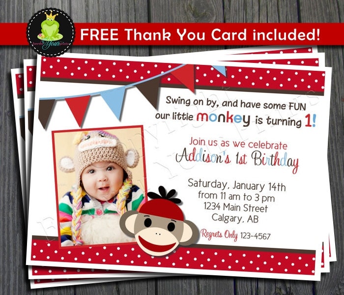 Sock Monkey Invitation - FREE Thank You Card included Il_570xn