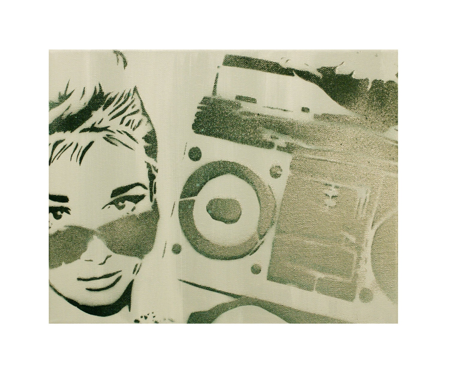 AUDREY HEPBURN with Boombox at TIFFANY'S 11 x 14 Portrait Original Artwork Stencil and Spray Paint Graffiti Inspired Hollywood Painting