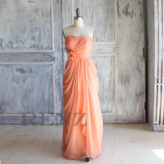 Peach Wedding dress , chiffon party dress,bright peach bridesmaid dress, strapless formal dress  (A016)