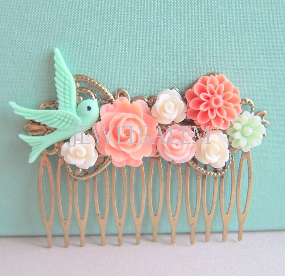 Coral Mint Green Wedding Hair Comb Bridesmaid Gift Peach Pink Mint Bridal Head Piece Floral Flower Bird Pastel Colors Soft Romantic - Jewelsalem