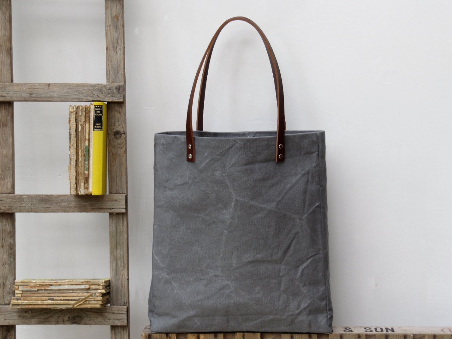 Oversized tote. Thick leather straps. Washed charcoal grey canvas. Yellow cotton stripe lining. - emmieshop