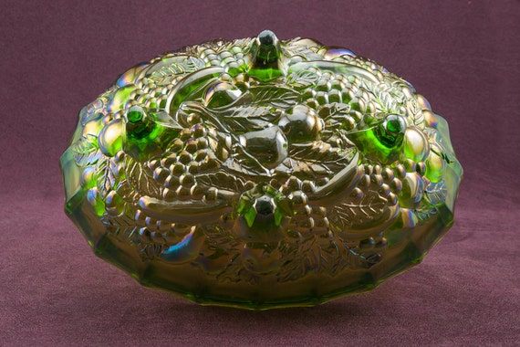 Items Similar To Winter Clearance Green Carnival Glass Footed Fruit Bowl Carnival Green