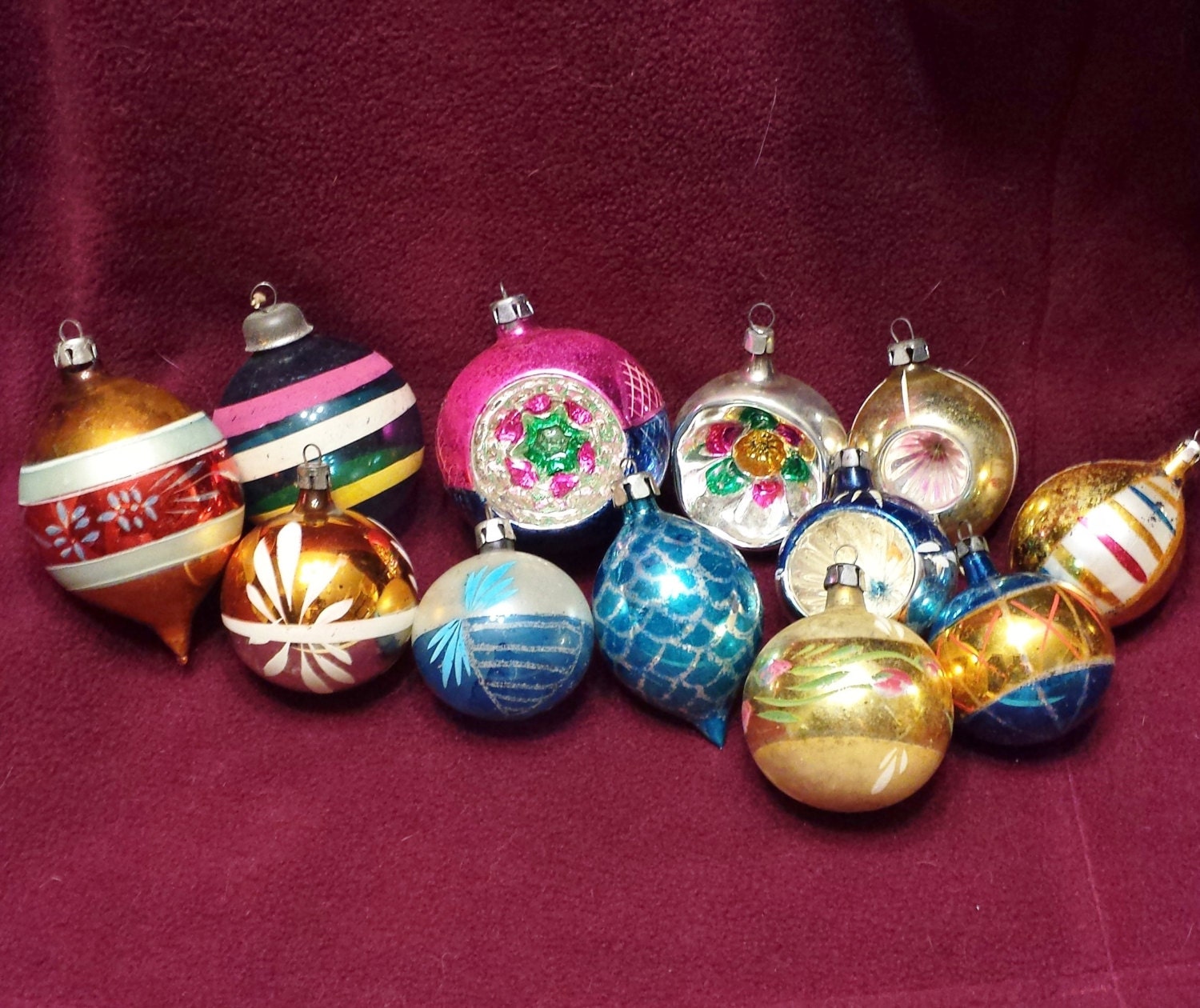 Twelve Vintage Christmas Tree Ornaments Decorations some  Poland Mercury Glass Shabby Cottage Chic - cookiecuttercat