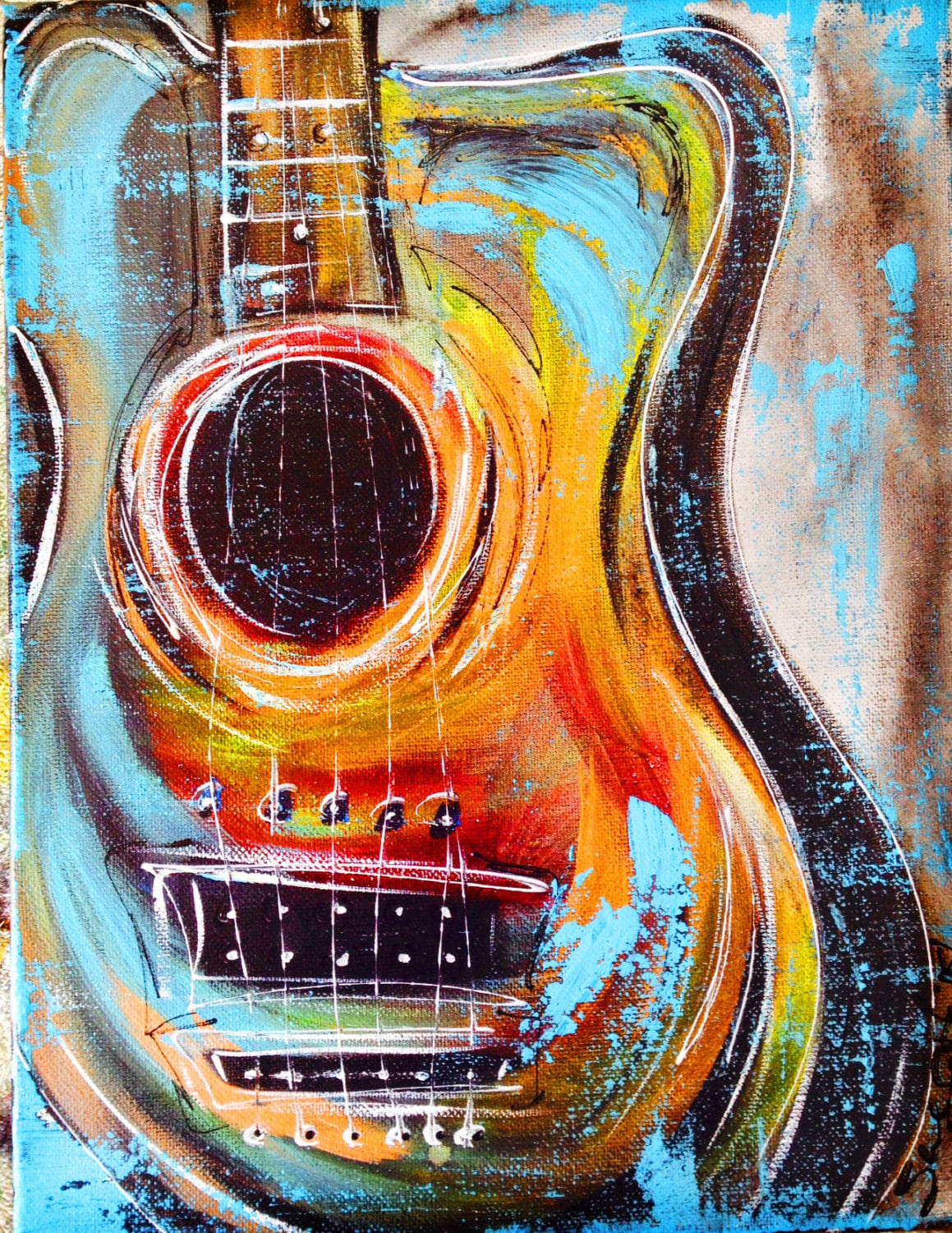 Colorful Guitar Art With Slight Distressing On Edges By