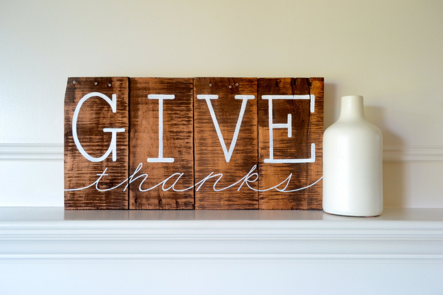 Reclaimed Wood Art Sign: Give Thanks Thanksgiving Home Decor - BooneCreekLoft