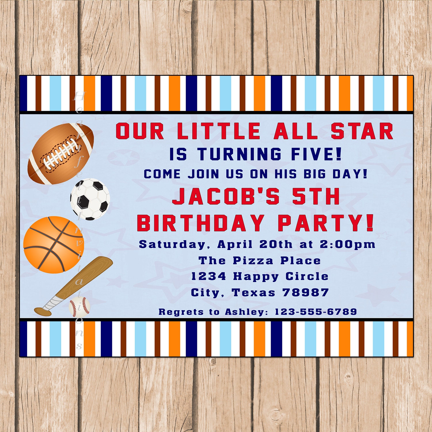 All Star Sports Birthday Invitation Football, Basketball, Soccer, Baseball Summer, Spring - 1.00 each printed or 10.00 DIY file