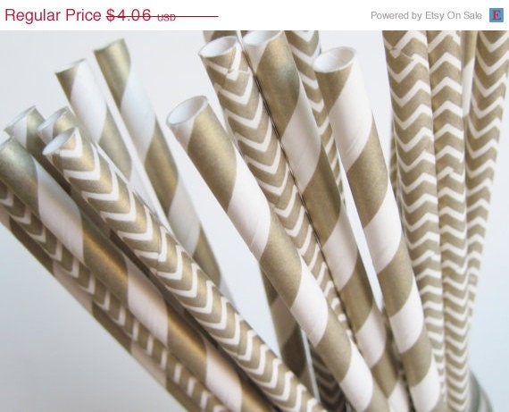 ON SALE 25 Metallic Gold Stripe and Chevron Paper Straw Mix - - ships less than 24 hours Il_570xn