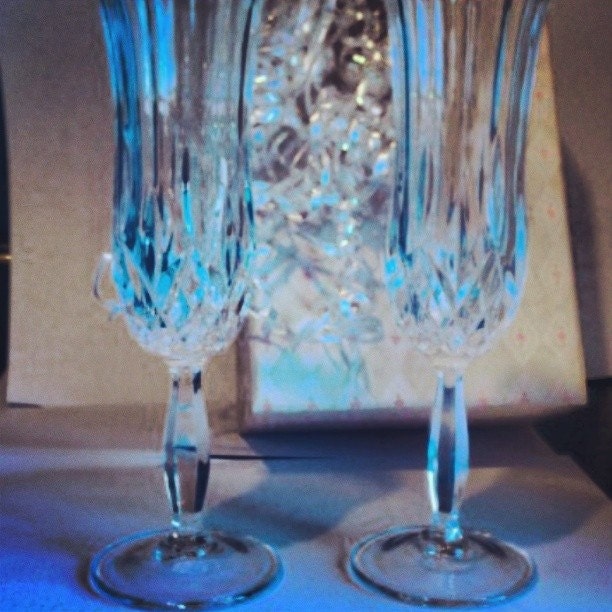 Sweet Sipping! Pair of Vertical Diamond Cut Crystal, Flared Champagne Flutes - Perfect for Valentine's Day - EmilysCraftys