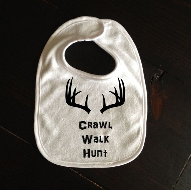 Crawl walk hunt bib with antlers for baby by ShopCustomApparel