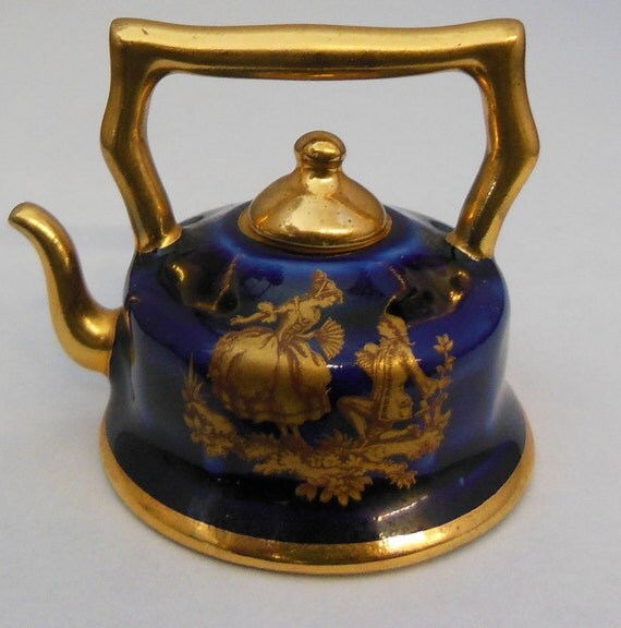 Limoges Cobalt Blue Mini Teapot Victorian Gold Trim by SimonsGems