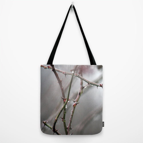Frozen Thorns, Tote Bag, Shoulder Bag, Fine Art Photography, winter, white, green, grey, black,winter storm, cold, country living,decoration - ULLIkarnerART