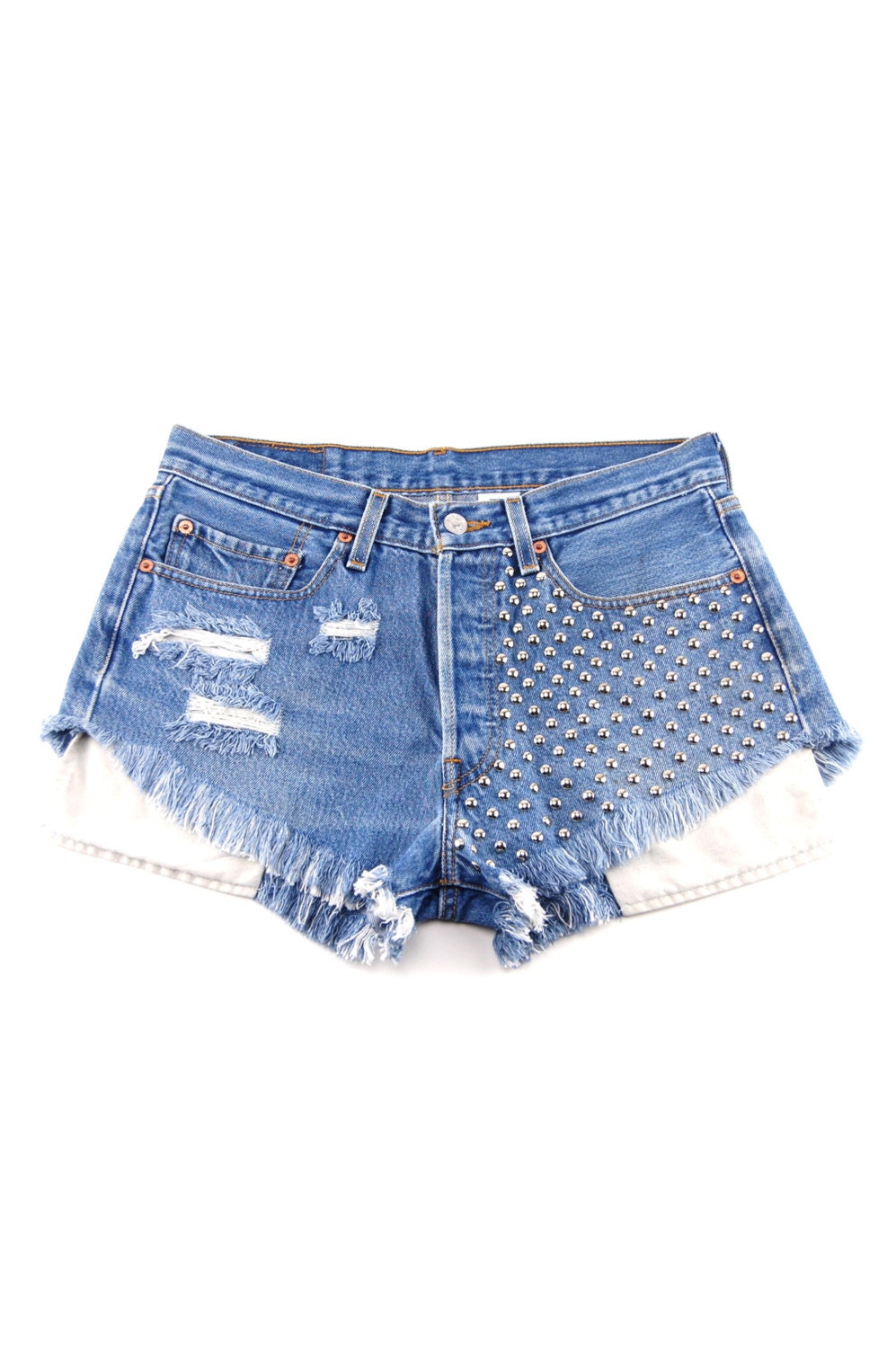 Vintage Blue Denim Studded High Waist Cut Off Shorts / Size 30