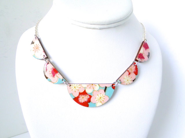 Turquoise and Red Necklace, Scalloped Necklace, Cherry Blossoms, Bunting Necklace, Laser Cut, Japanese Paper, Washi, Origami, Gift under 50