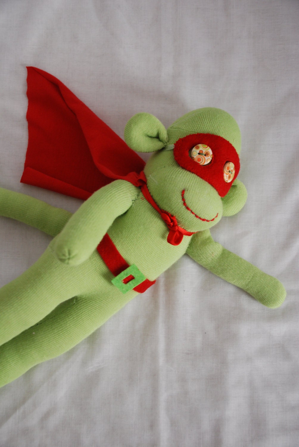 sock monkey, stuffed animal, superhero monkey - green super hero - GARBUBOT